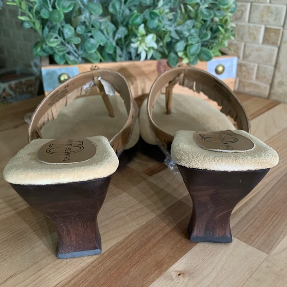 Camel Brown Wood Heel Slip On Fringe Sandals - Picture 6 of 8